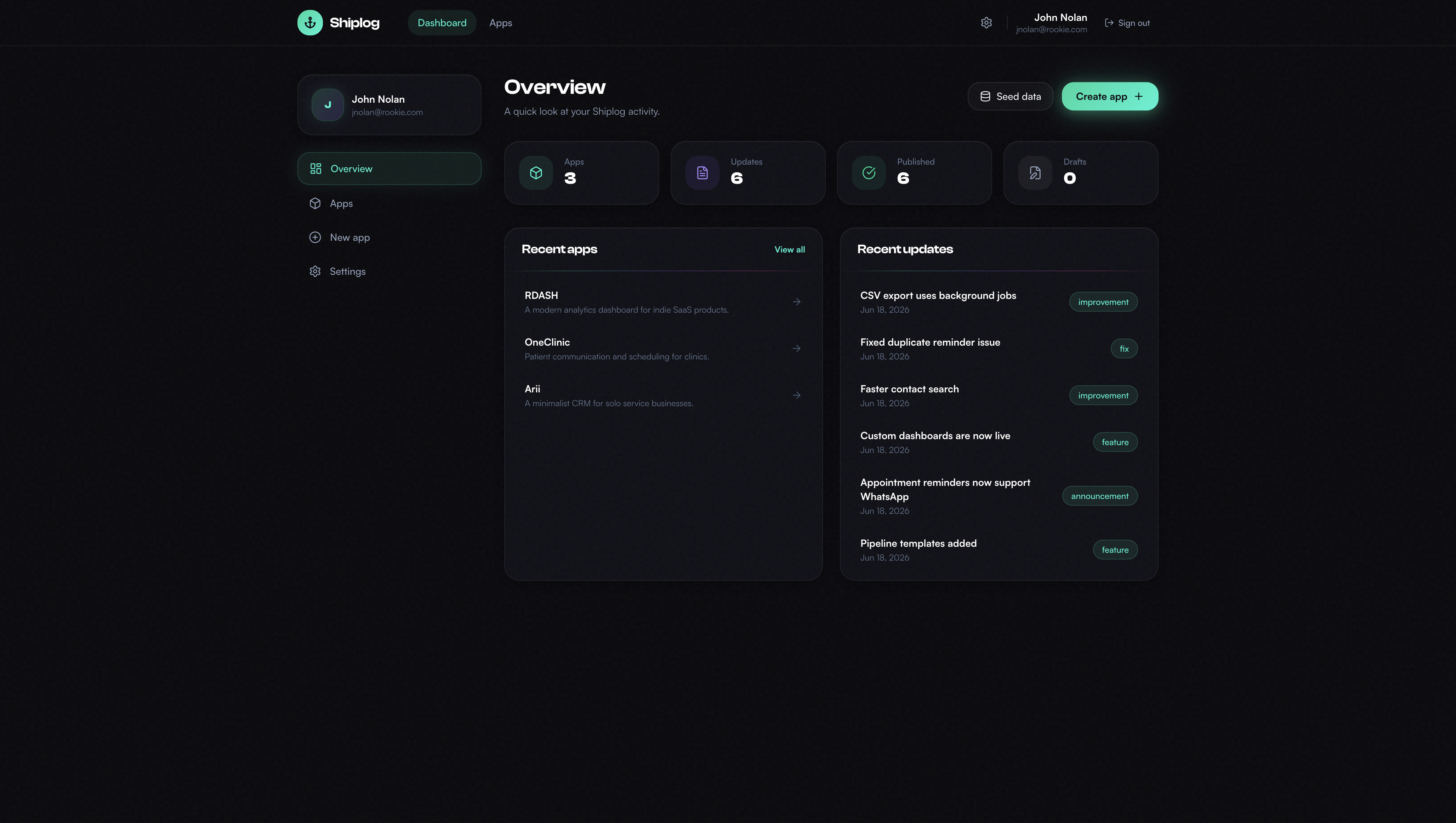 Shiplog Dashboard showing app management interface